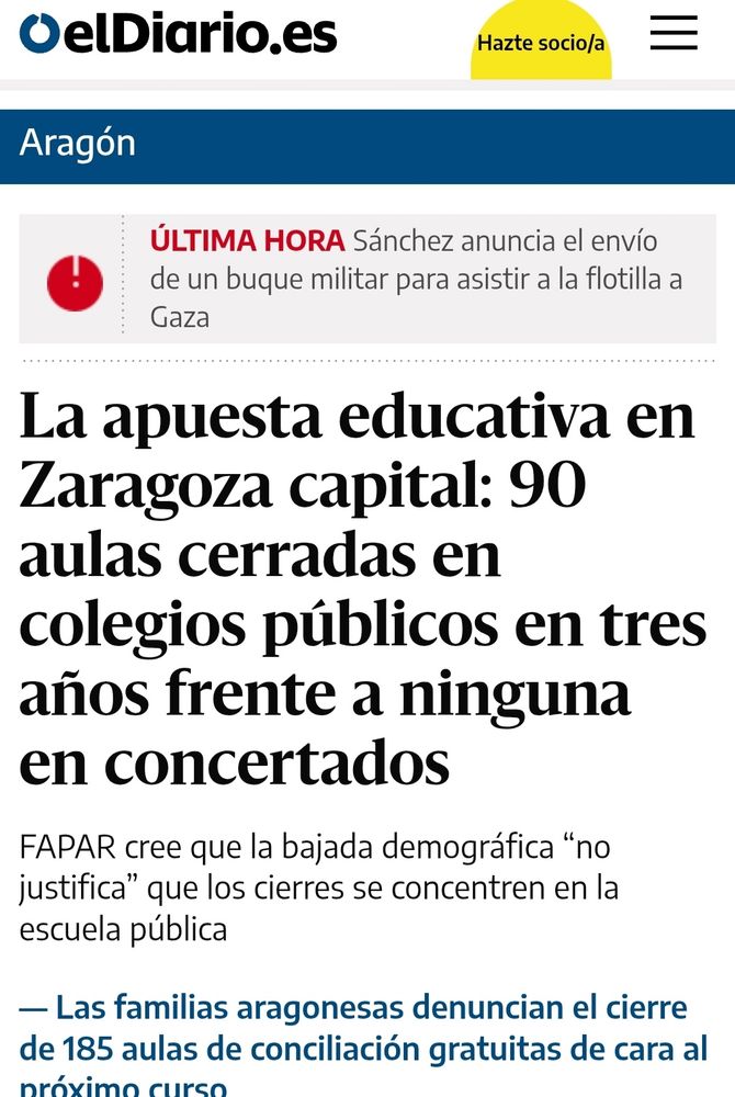 Captura de pantalla de una noticia de El Diario Aragón. Titular: La apuesta educativa en Zaragoza capital: 90 aulas cerradas en colegios públicos en tres años frente a ninguna en concertado.