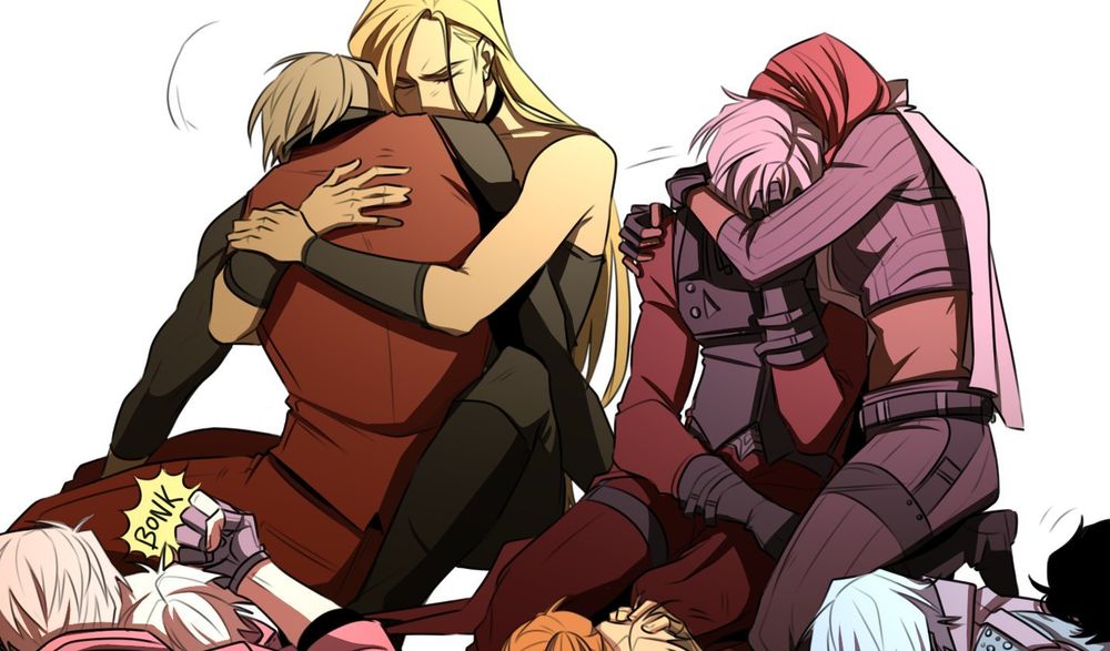 Trish and Lucia giving Dante a hug. Dante is wearing his outfits from DMC1 and DMC2