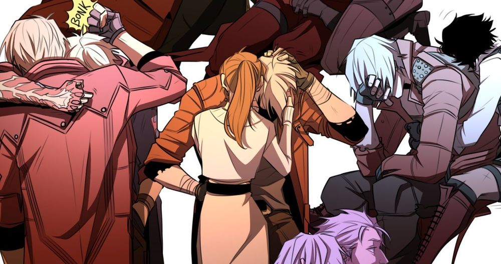Nero, Kyrie and Lady giving Dante a hug. Dante is wearing his outfits from DMC4 with Nero, DMC5 with Kyrie and DMC3 with Lady.