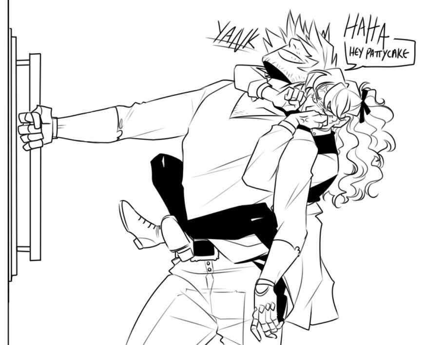 Bonus Patty from the DMC 2007 anime clinging to Dante's back giving him a chokehold hug. Dante is grinning and saying "Haha, hey Pattycake!"