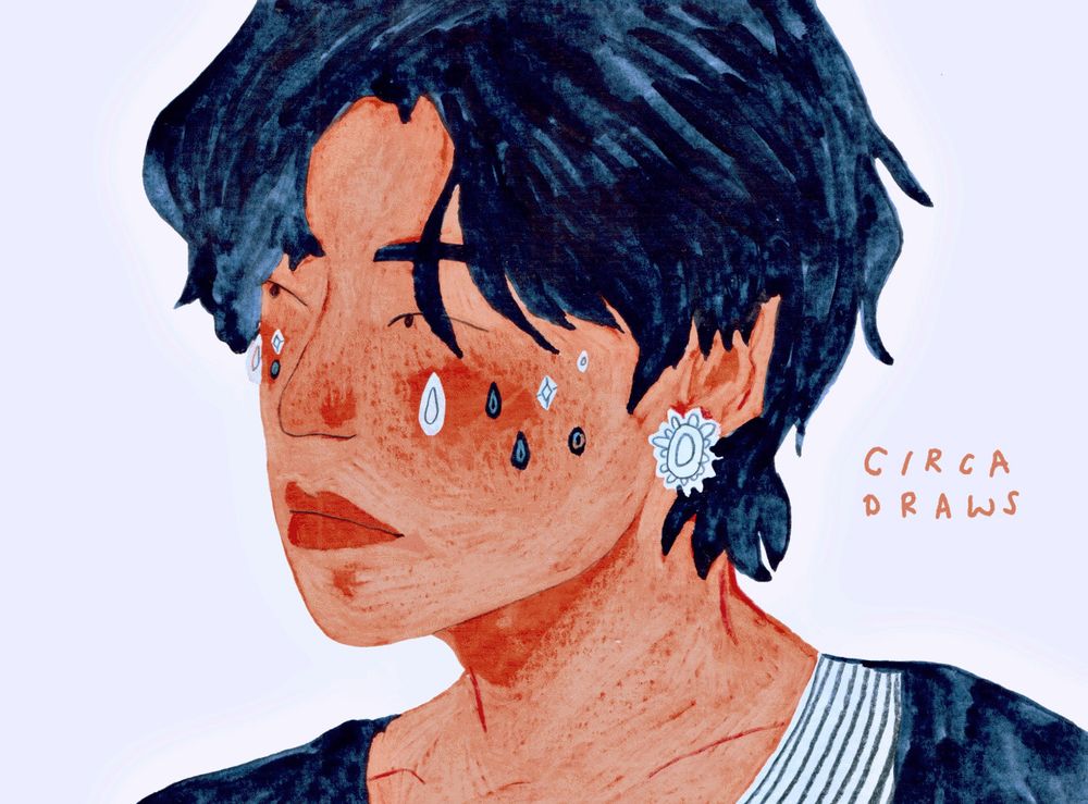 illustrated gif of taehyung in blue tones with diamonds on his face