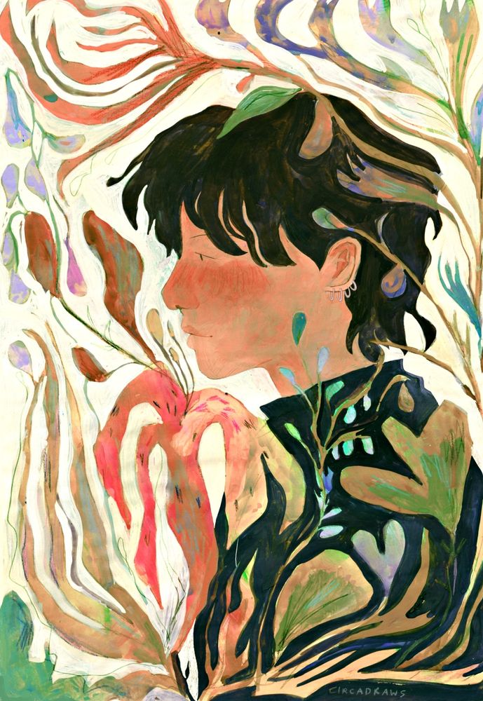 illustration of jungkooks side profile surrounded by flowers and foliage