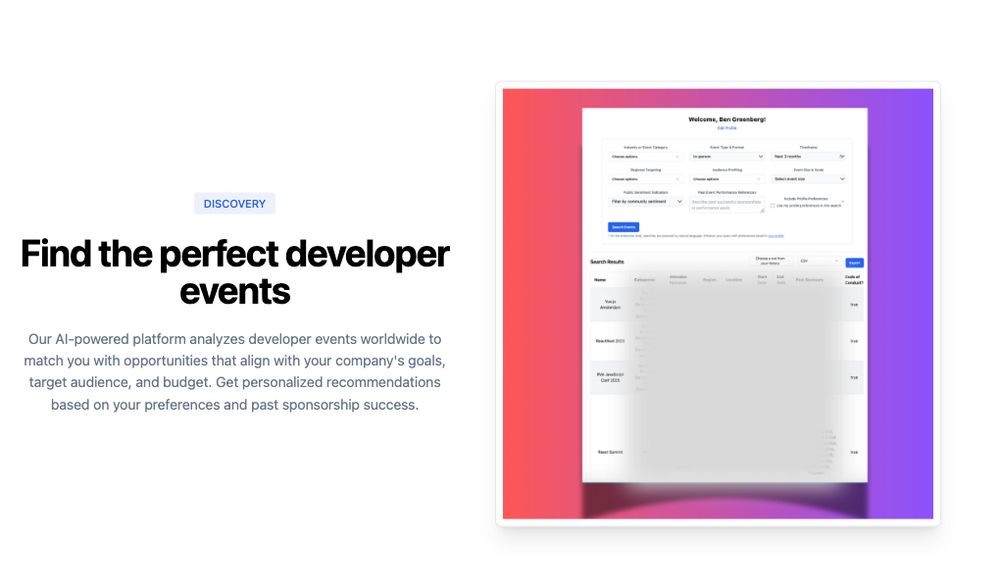 Screenshot showing feature of the site, using natural language and a combination of search parameters to narrow down from hundreds and hundreds of developer events