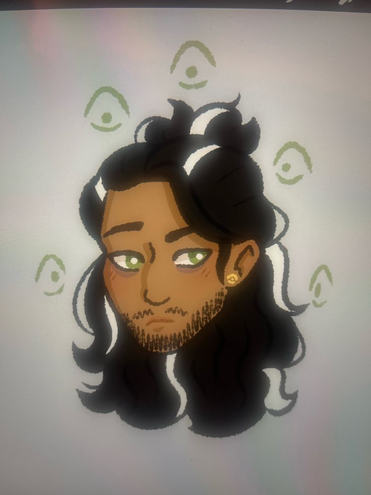 A digital sketch of the character Jonathan ‘Jon’ Sims from The Magnus Archives Podcast. He is looking to the right, and seems unimpressed by the simple sketches of green eyes which surround his head. He wears an earring in his visible ear of an eye, stylised in the same way as the floating eyes around him 