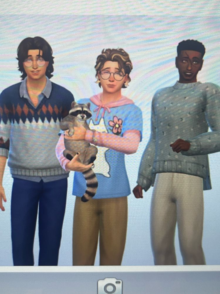 A photograph of three sims from the Sims 4. The one on the left has warm-toned skin and dark hair, the one in the middle has light skin and brown hair with blond highlights (as well as holding a raccoon) and the one the right has dark skin and hair