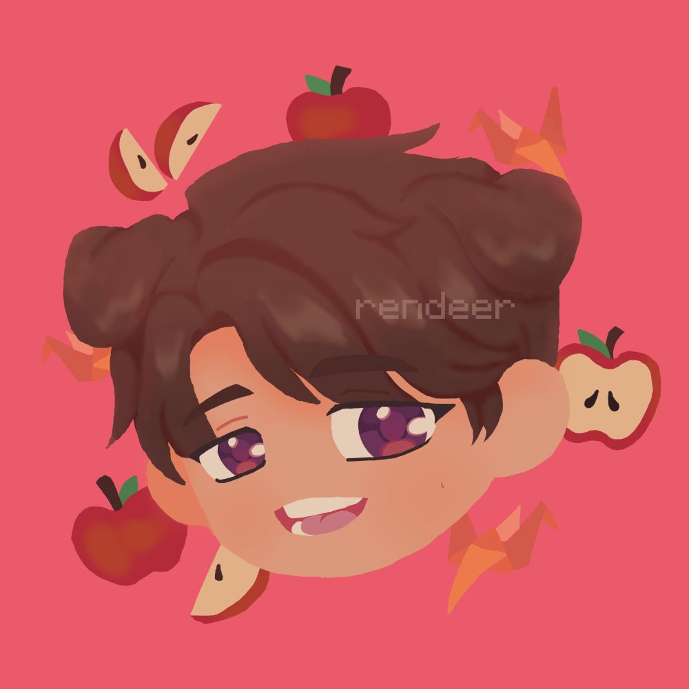 a chibi head of Caleb from love and deep space, surrounded by some apples and origami cranes