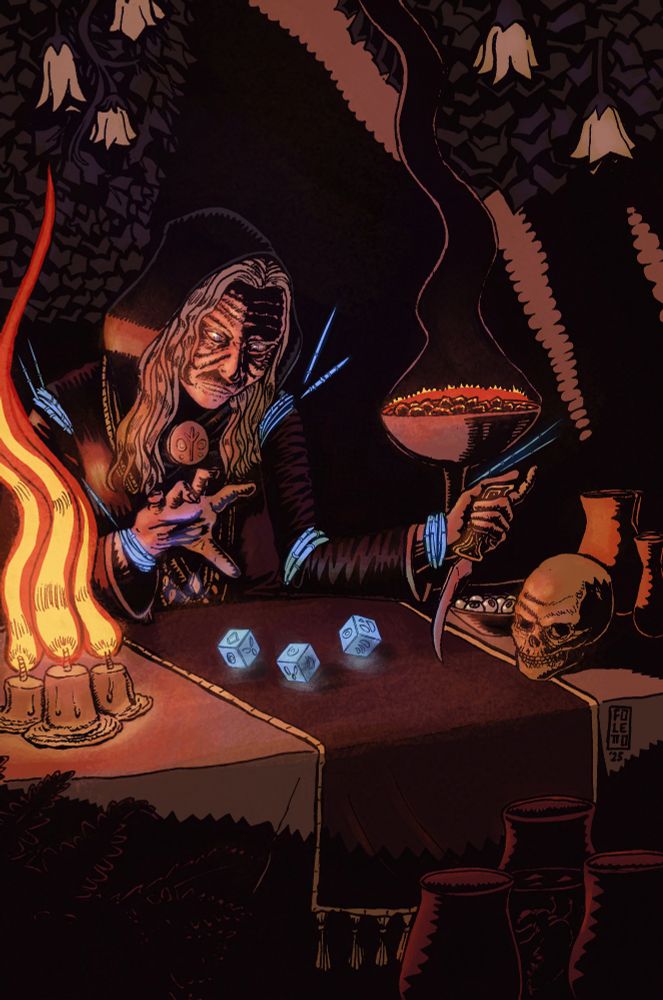 Art depicting an old hag sitting behind a table, illuminated by candlelight. At the table there's also a skull, a couple of clay jars and a bowl that seems to be filled with eyes. She's throwing dice at the table, they emit a blue light that reflects on her.
Her limbs are woven with a type of blue glowing silk, the silk seems to stretch all the way out of the frame into darkness.
The background is decorated with ivy and flowers.