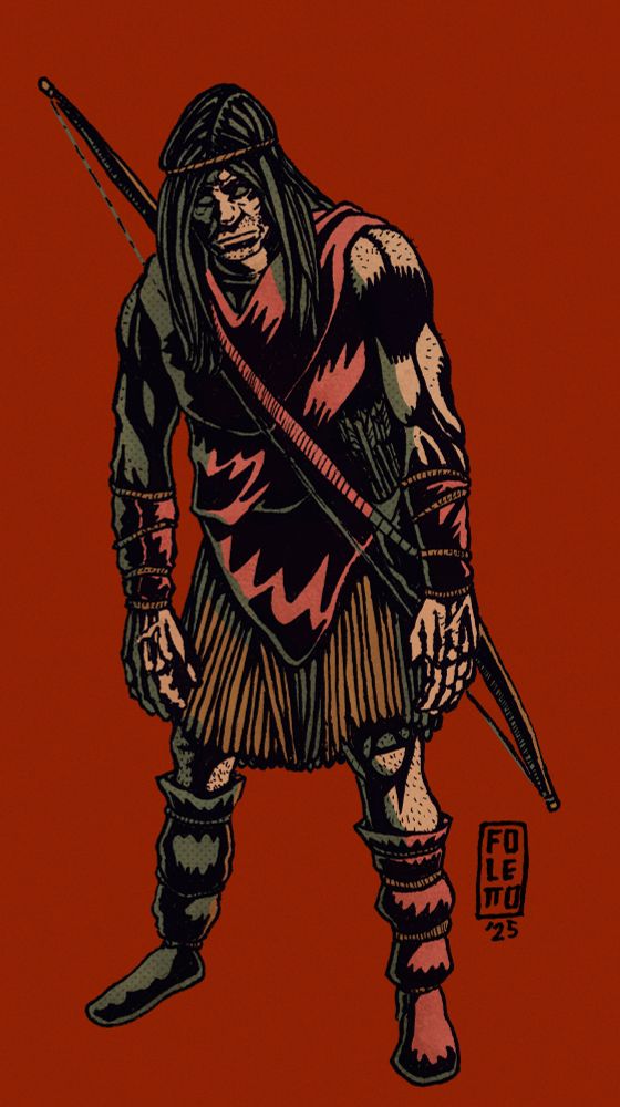 stylized artwork of a caveman. he's lurching forward with a bow strung on his back. he wears some simple hides on his torso and some kind of skirt made out of hay.