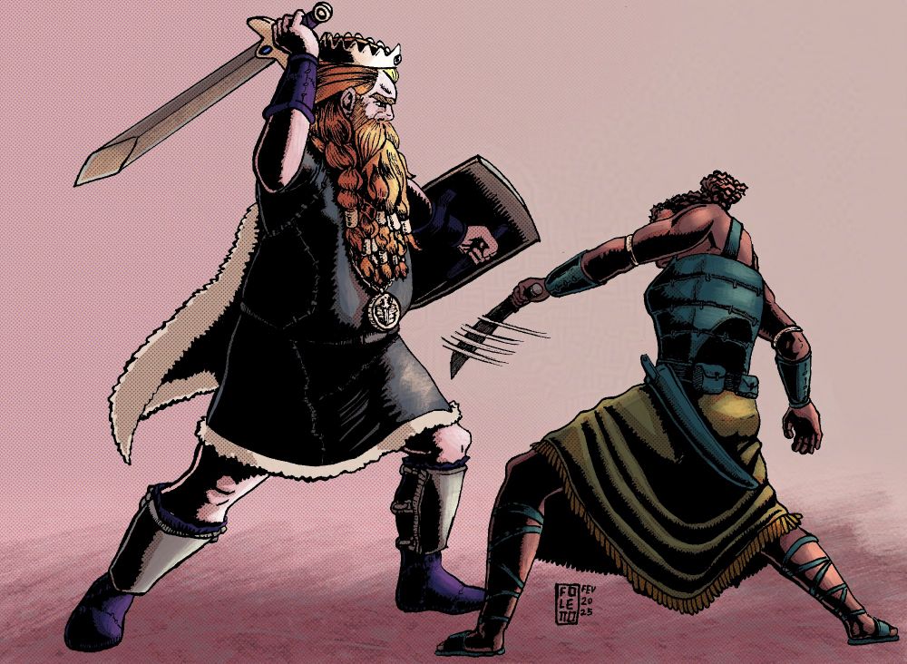 illustration depicting two warriors fighting. One is a towering redhead man, with long braided beard, wearing pelts and furs. His sword is held uphigh and is ready to strike down. His shield is to the side, exposing his belly to his adversary's machete.
the said advesary is a shorter, dark-skinned woman. She wears light armor made of several bands of leather, arm bracers, sandals and a fringed skirt. Her movement seems swift as she twists her whole body to connect the machete with the enemy before his sword moves.