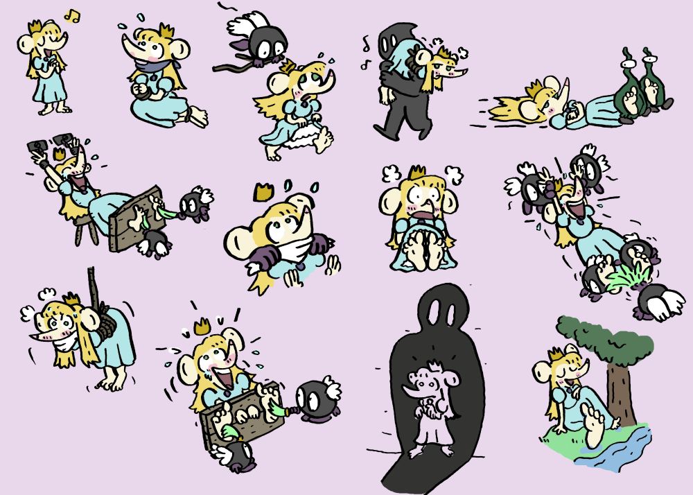 multiple small drawings of a mouse princess being captured and tickled