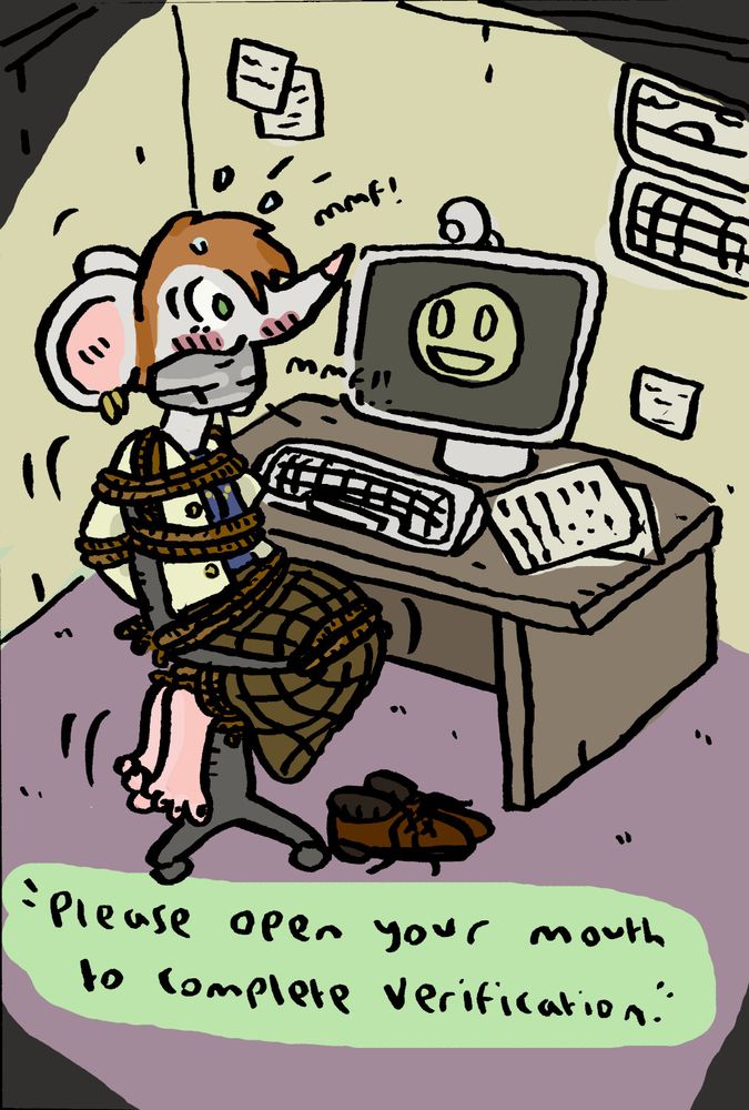 fortysomething office worker mouse from previous picture is tied to a chair and gagged with tape, frantically trying to do the "open mouth" verification to get help on her PC