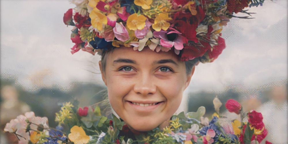 Dani (Florence Pugh) smiles as she looks straight ahead in a flower gown and headdress in Midsommar (2019)