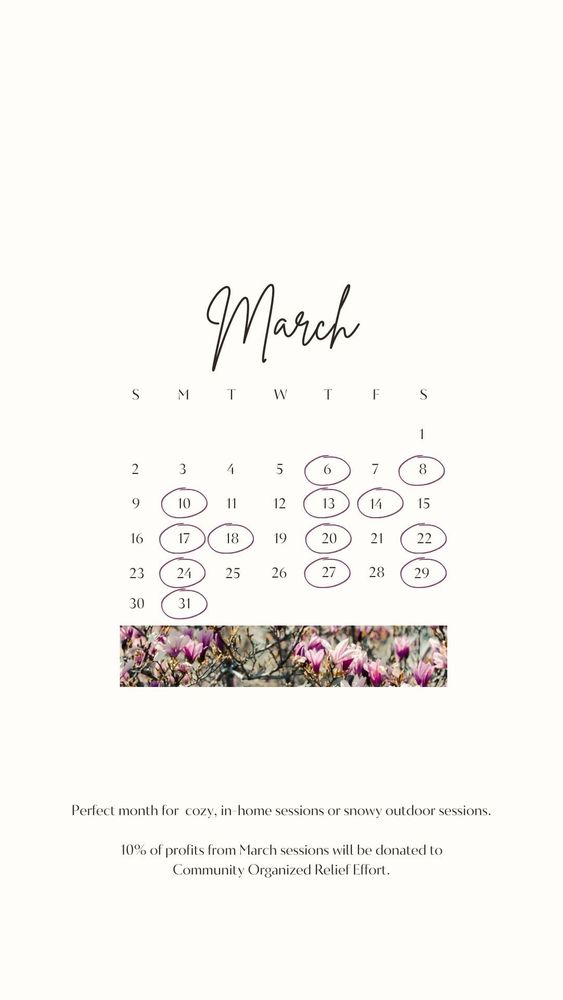 A graphic containing a calendar for March 2025. Select dates in which Pábitel Photography has availability for photo sessions are circled. Below the calendar, text reads, "Perfect month for cozy, in-home sessions or snowy outdoor sessions. 10% of profits from March sessions will be donated to Community Organized Relief Effort."