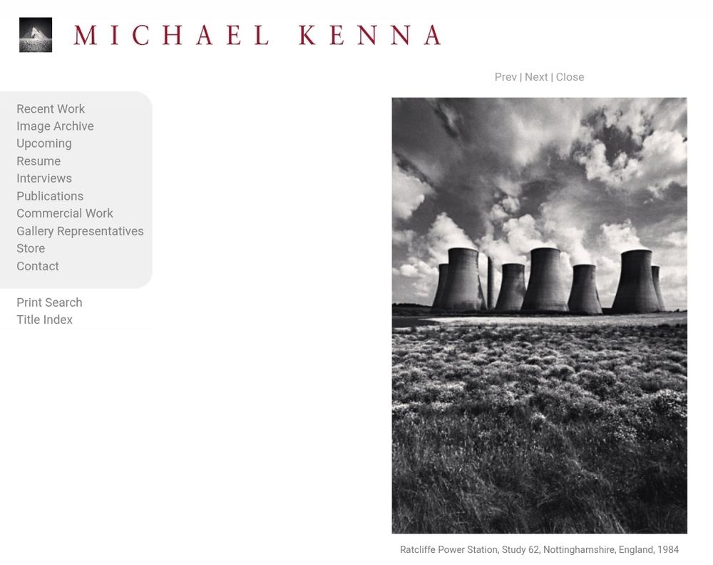 Screenshot of Michael Kenna's website with a black and white image of Ratcliffe on Soar power station. 