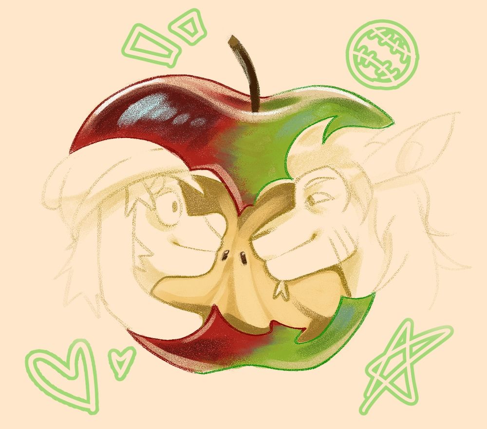 An illustration of a red and green apple's core. The negative space in the apple creates the side profiles of Jerry Dalmond (right) and Parker King (left).