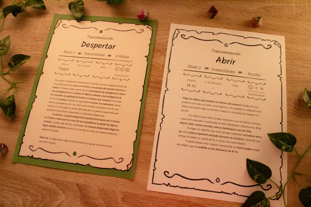 A photography of an editorial work of DnD spells. The screenshot show spells written in Spanish in color and black and white, but they were also laid out in English and as editable PDFs. The color version varies depending on the spell school.