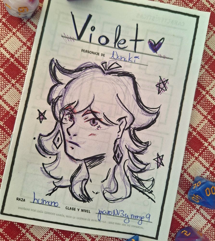 Hoja de personaje en la que se ve a un personaje llamado Violet.