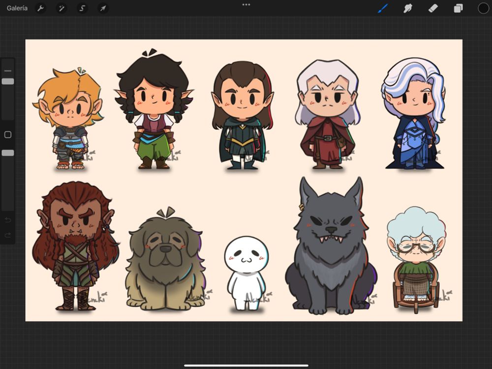Los personajes de mi party de DnD como chibis. Empezando de izquieda a derecha, desde la linea superior tenemos a Glenarion, Daga, Edrahil, Ador, Liria, Adar, Salomon, Dummy, un huargo y Yayababa