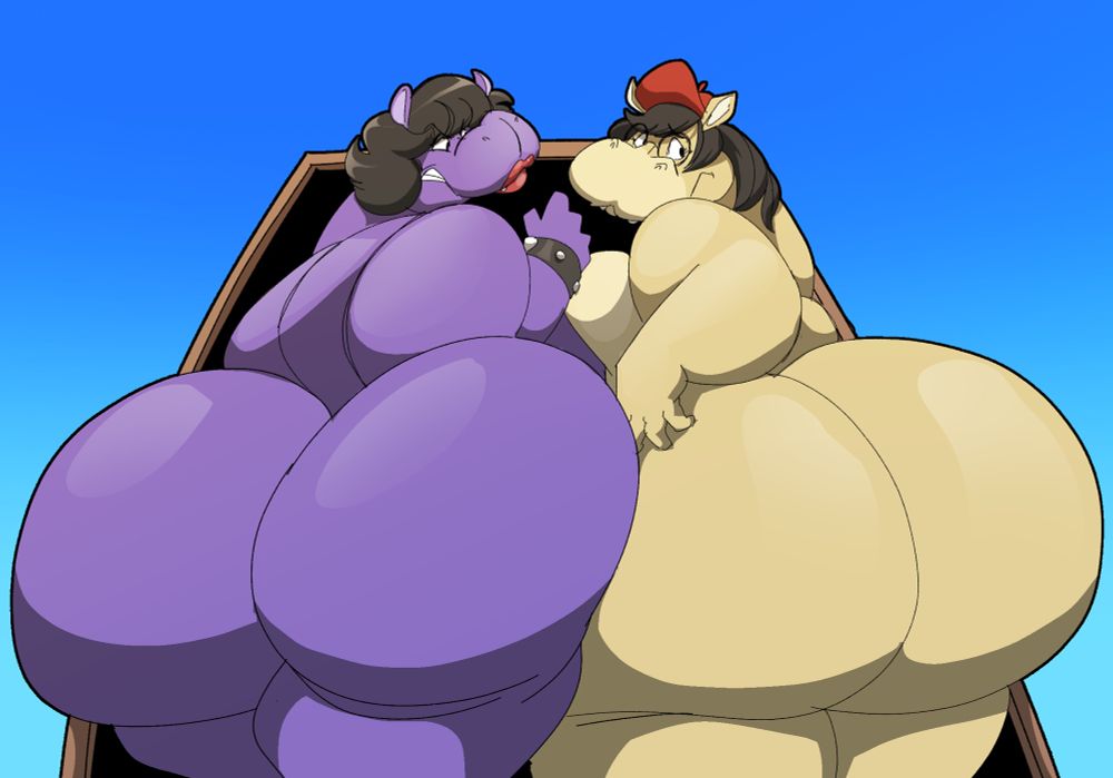 Two Massive Hippo Nerds stuck in a doorway because of their giant butts.