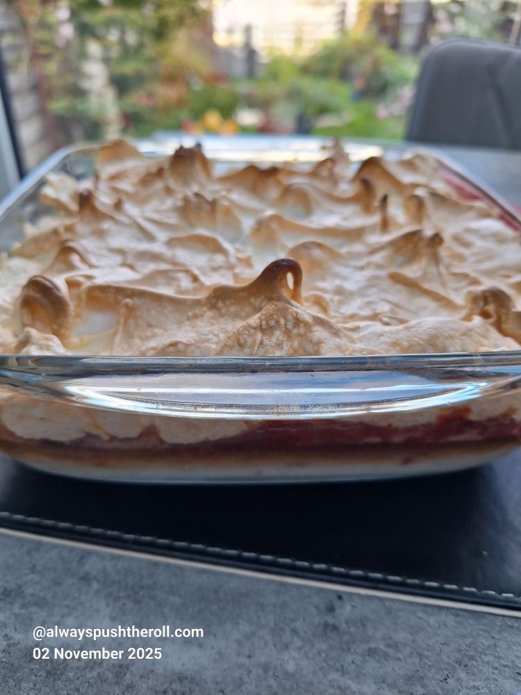 Cake, custard, and jam topped with meringue.