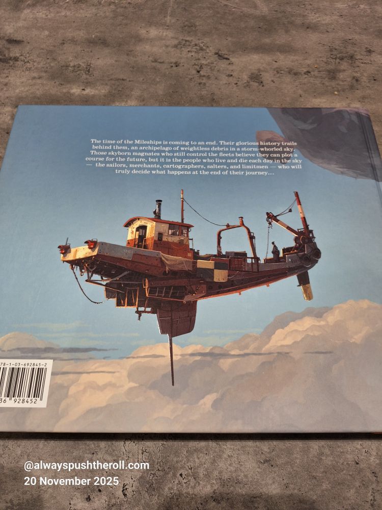 Mileships, back cover

A small trawler type boat hovers above fluffy white clouds in a pale blue sky.
The boats wheel house looks like a shed painted white and red.