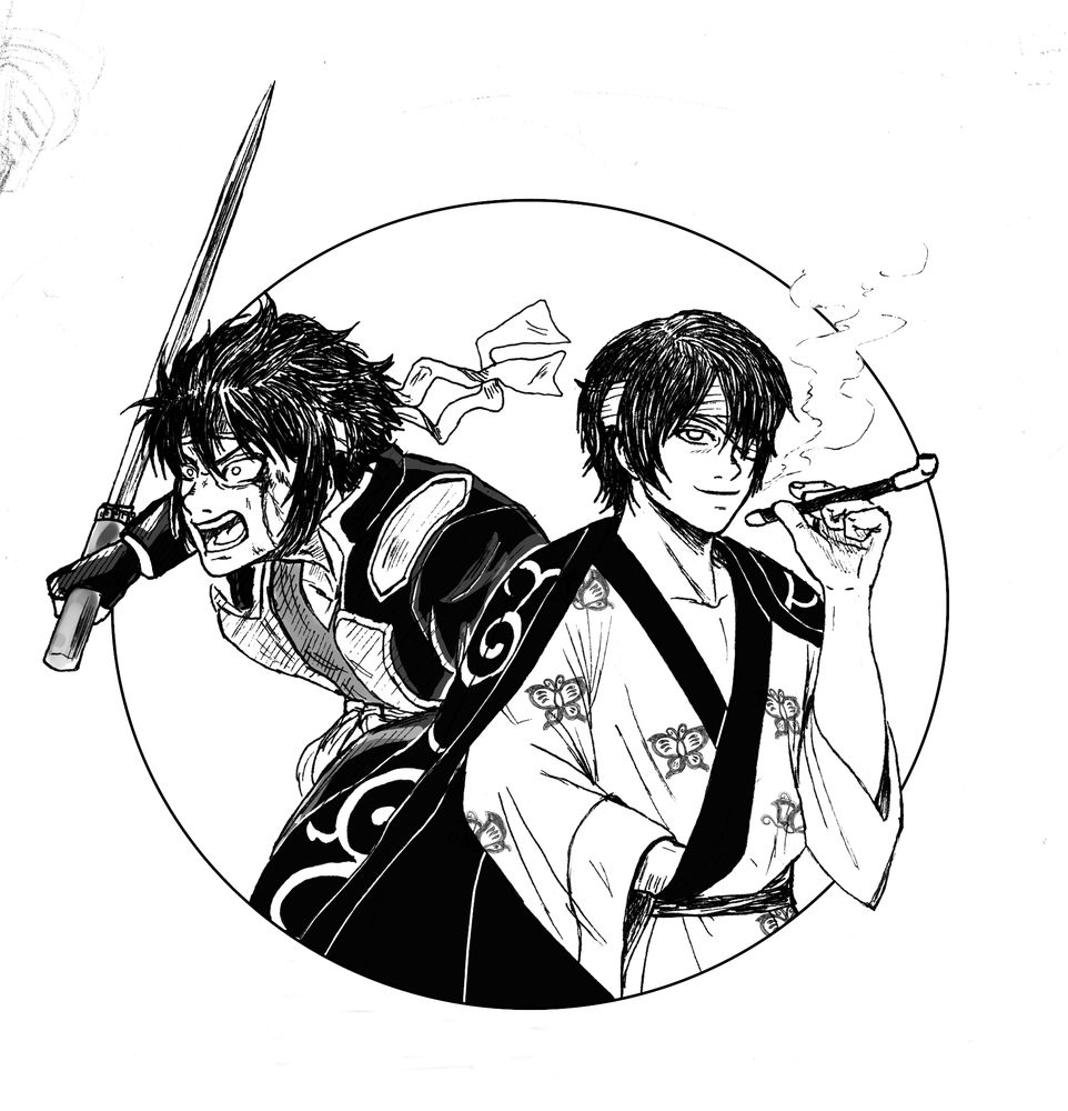 Takasugi from 2 different eras. The first throws himself into a losing battle with his katana in hand. The second smoking his pipe, a blindfold over his eye to hide his wound. He wears a kimono decorated with butterflies.