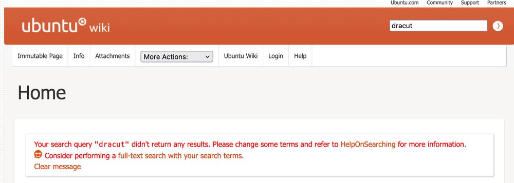 A screenshot of the ubuntu wiki not finding results for dracut. 