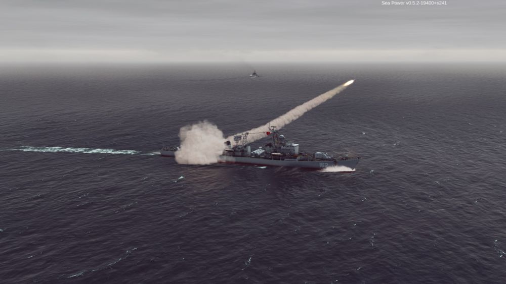 A screenshot of sea power, showing a chinese frigate launching an anti-ship missile. 