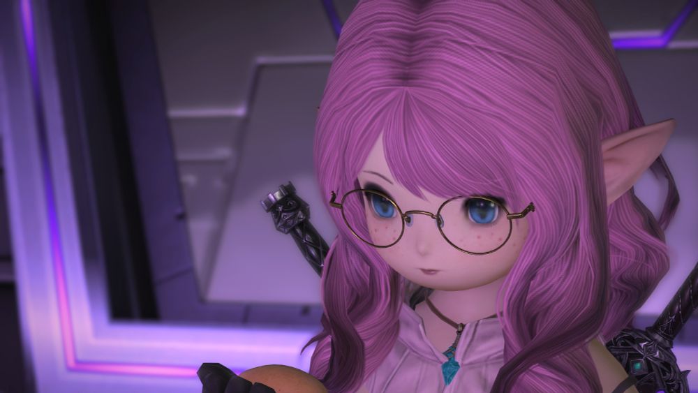 A screenshot of FFXIV showing a pink haired lalafell holding an egg in a cyberpunk building.