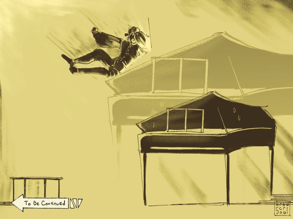 a sepia-toned, jojo-style to-be-continued freeze-frame drawing, depicting antonio salieri elbow dropping a spinet from above. light illuminates from behind him, casting dramatic shadows onto everything. a faint closeup of the spinet appears behind it in the background. the spinet itself is sweating. the stool from which salieri jumped is a distance away.