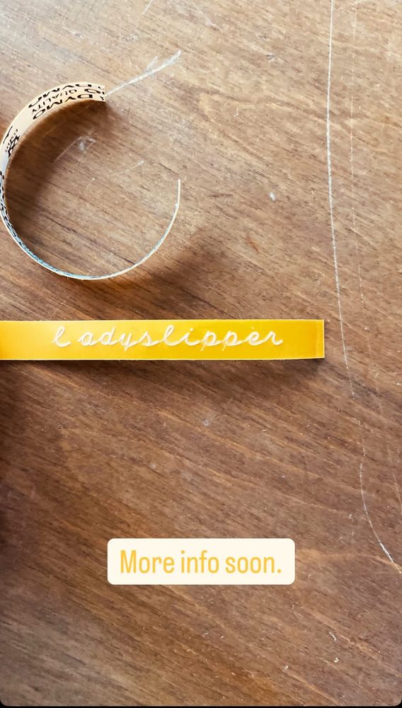 A yellow, cursive label-maker tag says “ladyslipper.” More info soon. 