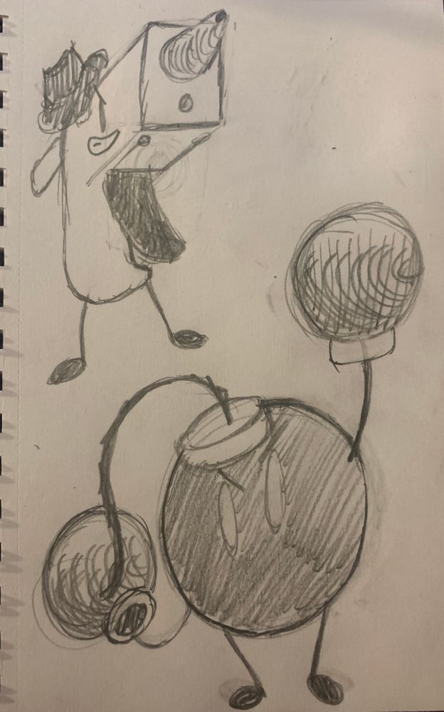 anthropomorphic objects. a hot glue gun wearing a small cowboy hat and a bomb with a long fuse over the front of its face wearing round, thumbless boxing gloves.