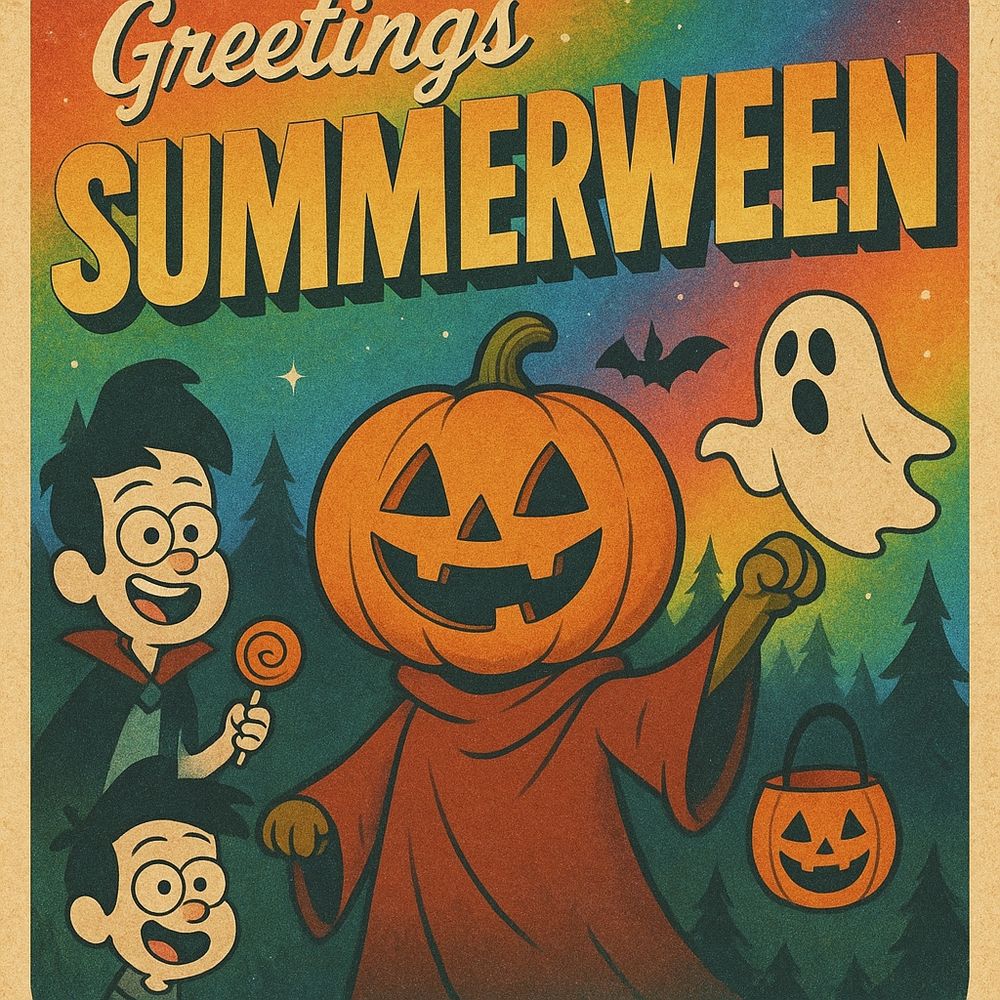 A vintage-style postcard illustration celebrating Summerween, inspired by the aesthetic of Gravity Falls. The background features a rainbow gradient sky transitioning from orange to green to blue and purple, giving a festive and surreal twilight effect. Faint stars twinkle above a silhouette of a dense evergreen forest in the lower third of the image. Bold, retro-style block letters at the top read “Greetings SUMMERWEEN,” with “SUMMERWEEN” in large, 3D, yellow-orange text casting a shadow for depth.

In the foreground, a large jack-o’-lantern character with a bright orange carved pumpkin head grins widely. It has round, cheerful triangle eyes and a jagged-toothed smile. The pumpkin figure wears a flowing red cloak with dark inner sleeves, evoking a whimsical yet spooky vibe. Its left arm is raised in a friendly wave, and its right holds a classic pumpkin candy bucket.

To the left of the pumpkin character are two cartoon-style children with exaggerated round heads and expressive faces, drawn in a style similar to Gravity Falls. The older child is dressed like a vampire with a dark cloak and is holding a spiral lollipop. He has a big grin and looks excited. Below him, a smaller child with a similar look gazes up joyfully at the pumpkin figure.

To the right, a smiling ghost floats midair with rounded arms raised like it’s dancing. A small black bat with outstretched wings flaps between the ghost and the pumpkin figure. The entire image has a worn, printed texture overlay, mimicking an old-school travel postcard from the 1960s or ’70s. The bright colors and rainbow hues bring a cheerful, inclusive energy to the spooky holiday mash-up of summer and Halloween.
