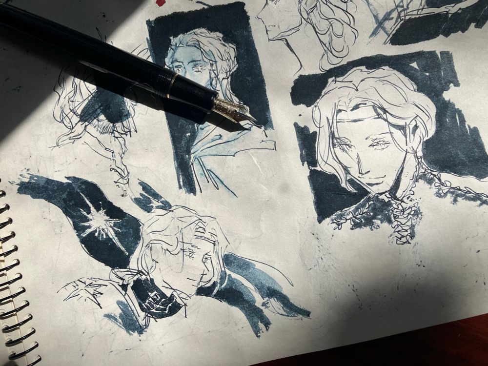 a series of loose drawings, done with blue-black fountain pen ink in a sketchbook, of Laurent of Vere from C.S. Pacat's Captive Prince trilogy. one drawing shows him in armor with a conflicted expression as a blue banner with a starburst insignia flies behind him. the other is a headshot where he looks at the viewer with an ambiguous, fatale-like smile
