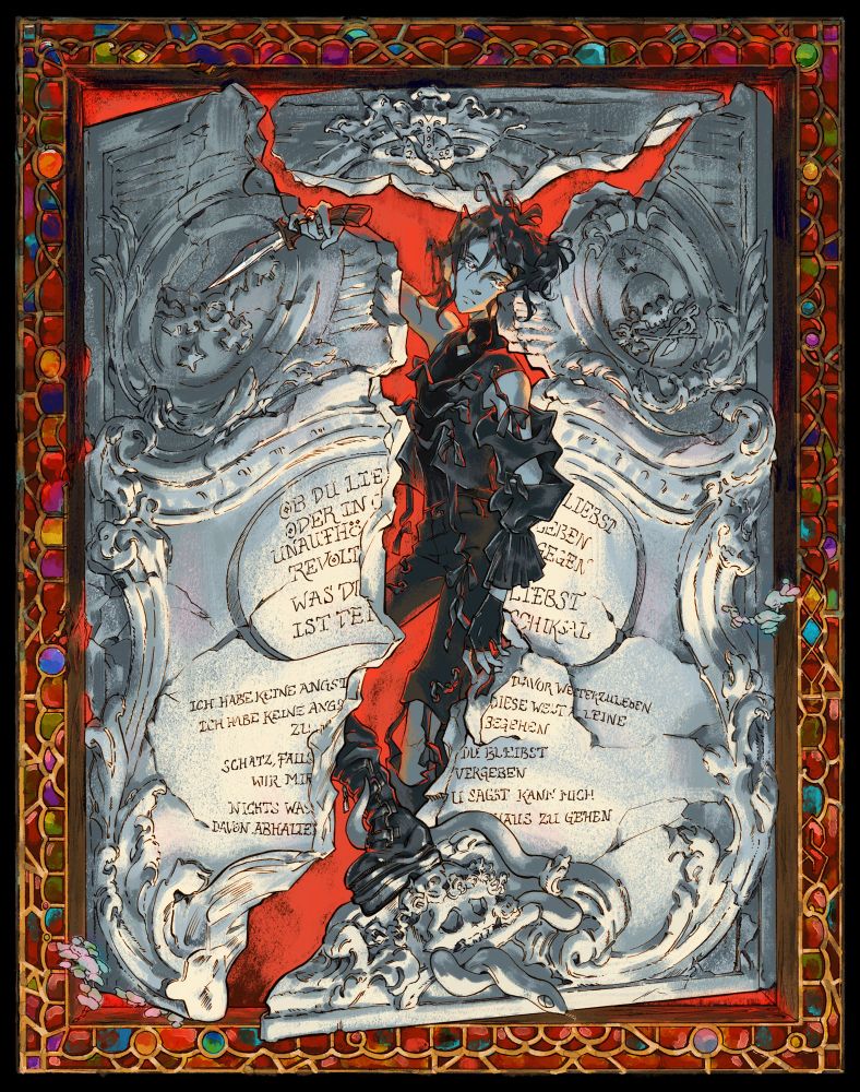an illustration of an androgynous anime youth with a disaffected expression, dressed in an elaborate beribboned top over baggy, slit pants and combat boots. they hold a dagger and lean on a white marble tomb in a Romantic or gothic style that's been broken into halves; a bright red light is shining through the crack behind them. one of their shoes rests on a carving of a cartoony snake coming out of a skull crowned with roses. other imagery on the tomb include more skulls, a transgender symbol and a partially eroded crown that looks suspiciously similar to a certain fashion designer's logo. there is also text etched into the tomb, i wont type it out here but suffice it to say that the bulk of it is a German translation (accuracy not guaranteed) of the lyrics to Famous Last Words by My Chemical Romance. framing the piece is a border of stained glass, its complex panels shining with the colors of many jewels.