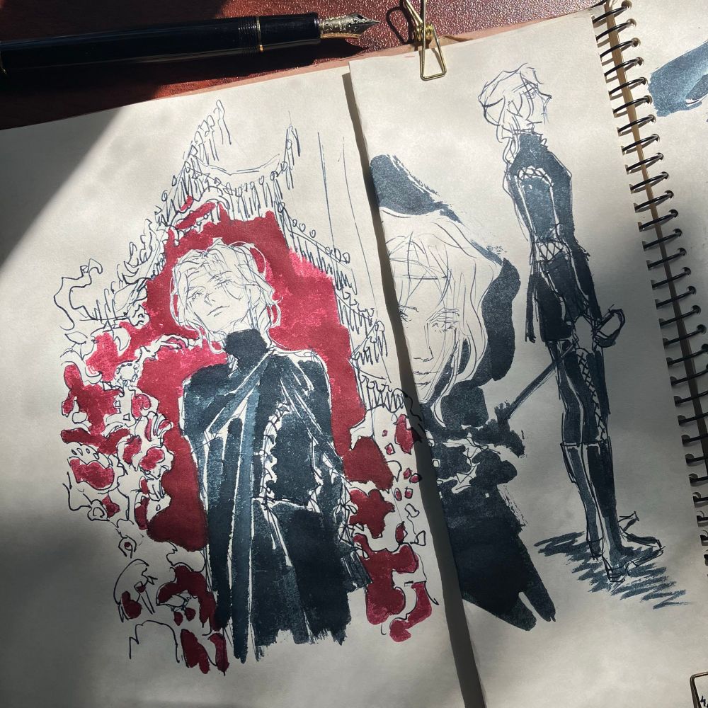 a series of loose drawings, done with blue-black fountain pen ink in a sketchbook, of Laurent of Vere from C.S. Pacat's Captive Prince trilogy. on the left he is wrapped in a dark cape, looking down on the viewer and surrounded by dark red drapery and ornamentation. on the right is a full body sketch in profile in which he is dressed in severe, laced clothes and boots, holding a riding crop.