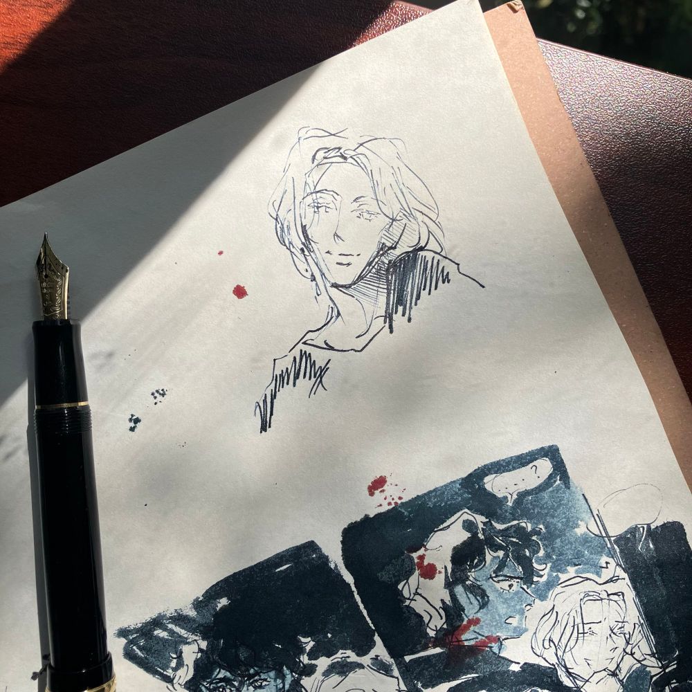 a series of loose drawings, done with blue-black fountain pen ink in a sketchbook, of Laurent of Vere from C.S. Pacat's Captive Prince trilogy. the upper drawing is a simple headshot with sparse, simple lines. the drawing at the bottom shows him with a different, dark-haired man. they have been forced by circumstance to be trapped together in a small, enclosed space. he is laughing