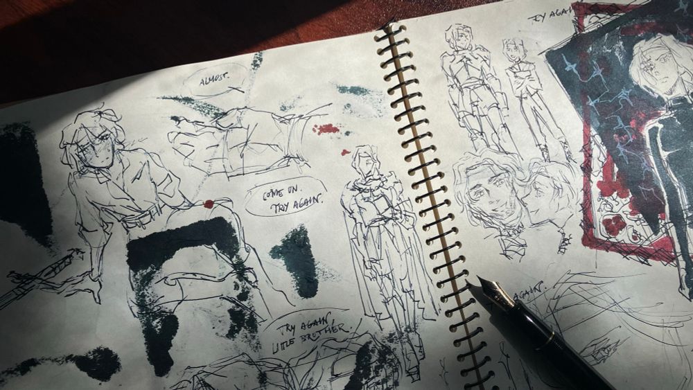 a series of loose drawings, done with blue-black fountain pen ink in a sketchbook, of Laurent of Vere from C.S. Pacat's Captive Prince trilogy. the drawings show the prince as a bookish youth walking with and training in swordfighting with his older brother, a young man built along more powerful and tradtionally heroic lines.