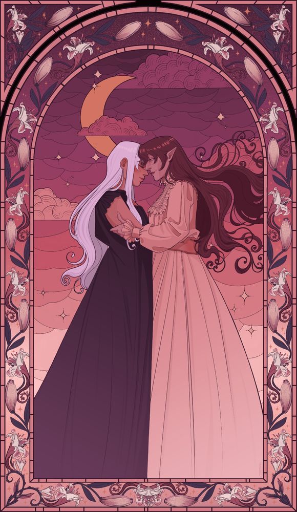 Carmilla illustration I originally made for my degree project, and then redrew this year. It shows Carmilla and Laura holding each other under the night sky in a stained glass-like style.