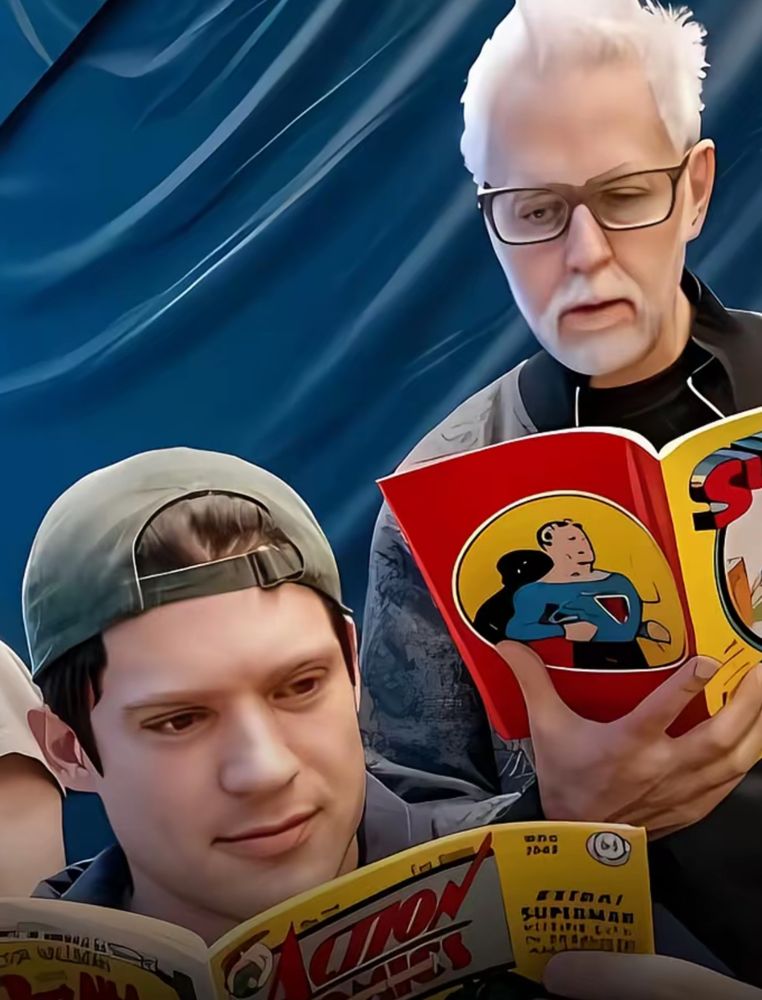 It’s terrible. The lines on the magazine are blurred together, James Gunn has one eye slightly closed and one eye looking past the thing he’s supposed to be reading, they’re all so weirdly smooth. The upscaling has deleted David Corenswet’s eyebrows for some reason. It’s just hideous. 