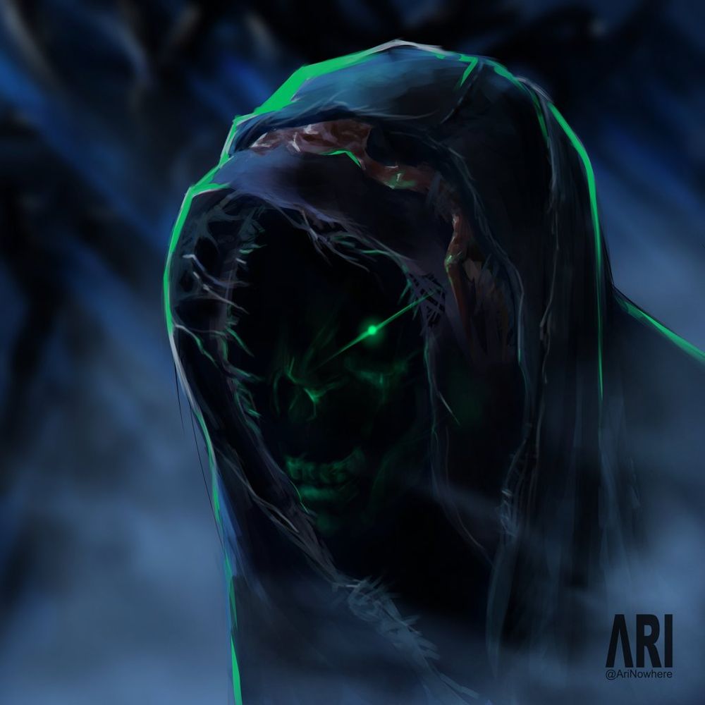 Digital illustration of a wraith covered in dark cloth with a partial green glowing skin and glowing eye. With background.