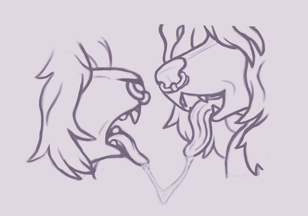 a cropped digital sketch wip piece of a passionate looking kiss, only showing the muzzles and hair covering the eyes. there is a string of saliva connected to the two while they break off from the kiss.