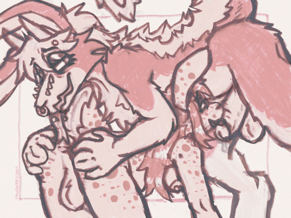 A sketchy digital art medium piece with an large anthropomorphic hare-dragon and rabbit girl. The rabbit girl is bending over on all fours while lapping at the large dragon's peen. The rabbit is sticking her tongue under the foreskin of the dragon while the dragon is hunched over her and spreading apart her cheeks. The dragons long, forked and pierced tongue is hovering over the rabbit's butt, as if it was just eating her out.