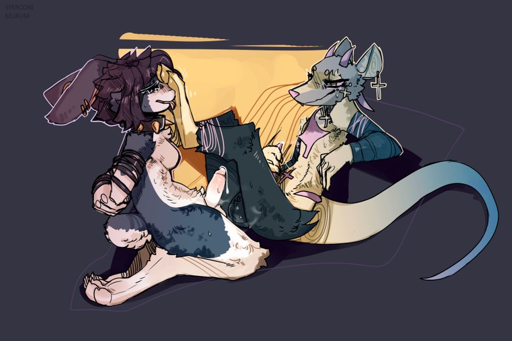 an anthropomorphic rabbit girl with her arms tied behind her back is treated to the paws of an anthropomorphic rat character. The rabbit girl is licking the aforementioned paws and blushing, aroused and dripping cum from her peen. The rat character, while leaning back, looks at the rabbit girl with a confident vibe, and is clearly enjoying treating the rabbit in such a manner, stroking their own peen.