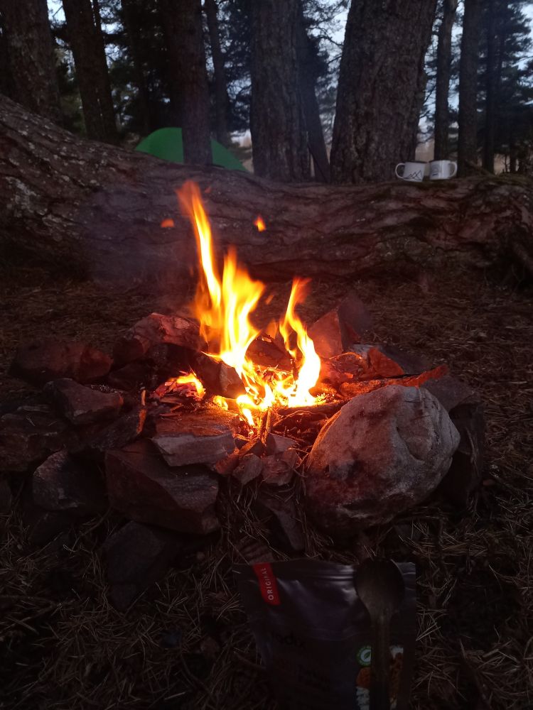 A (responsible) camp fire at a wild camp location on the Great Glen Way, near Inverness, Scotland.  A small but lively fire in a stone firepit. Spruce trees provide the background, with a green tent just visible.
