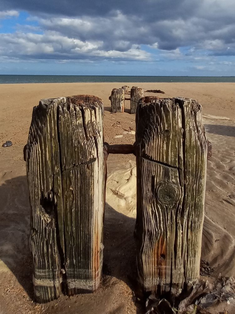 A line of sea-weathered wooden pilings on a sandy beach. The pings stand in pairs which recede into the distance where they meet a blue-green sea under a blue sky with white and grey clouds.