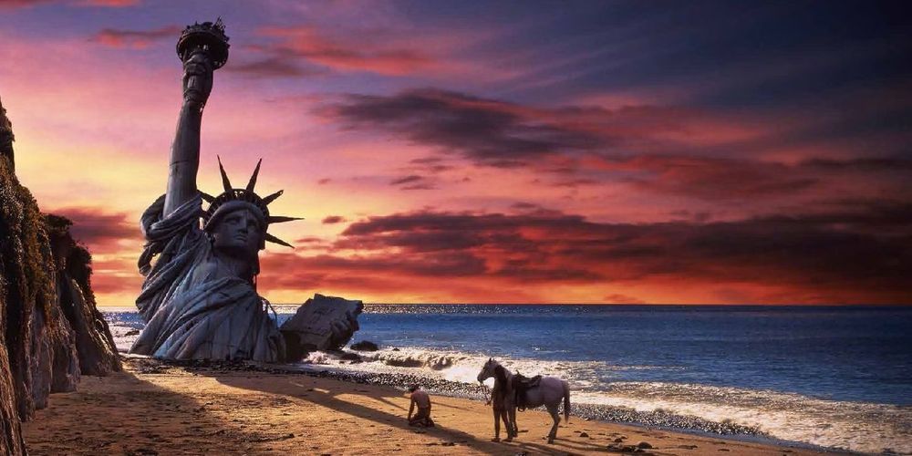 A still photo from the finale of the original Planet of the Apes film. It is a beach scene. A man is on his knees as a woman and a horse stand a few feet behind him. The man is kneeling in front of the Statue of Liberty; half-submerged into the sand and sea. It looks like an ancient archaeological find. The man is seriously distraught, and curses like and old man yelling at clouds, as he agonizingly realizes he was on Earth the whole time of his capture, torture and eventual escape from the Planet of the Apes. 