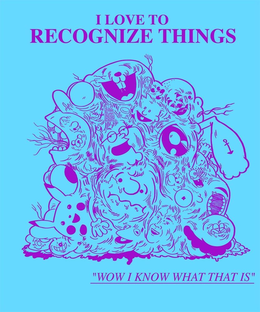 "I LOVE TO RECOGNIZE THINGS" posted over a horrific melted blob of dozens of famous pop culture icons melted into an amalgamation. Just enough remains of each figure to be indentifiable.