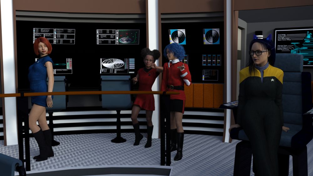 Four Women on a Scifi bridge, wearing various Star Trek Uniforms.