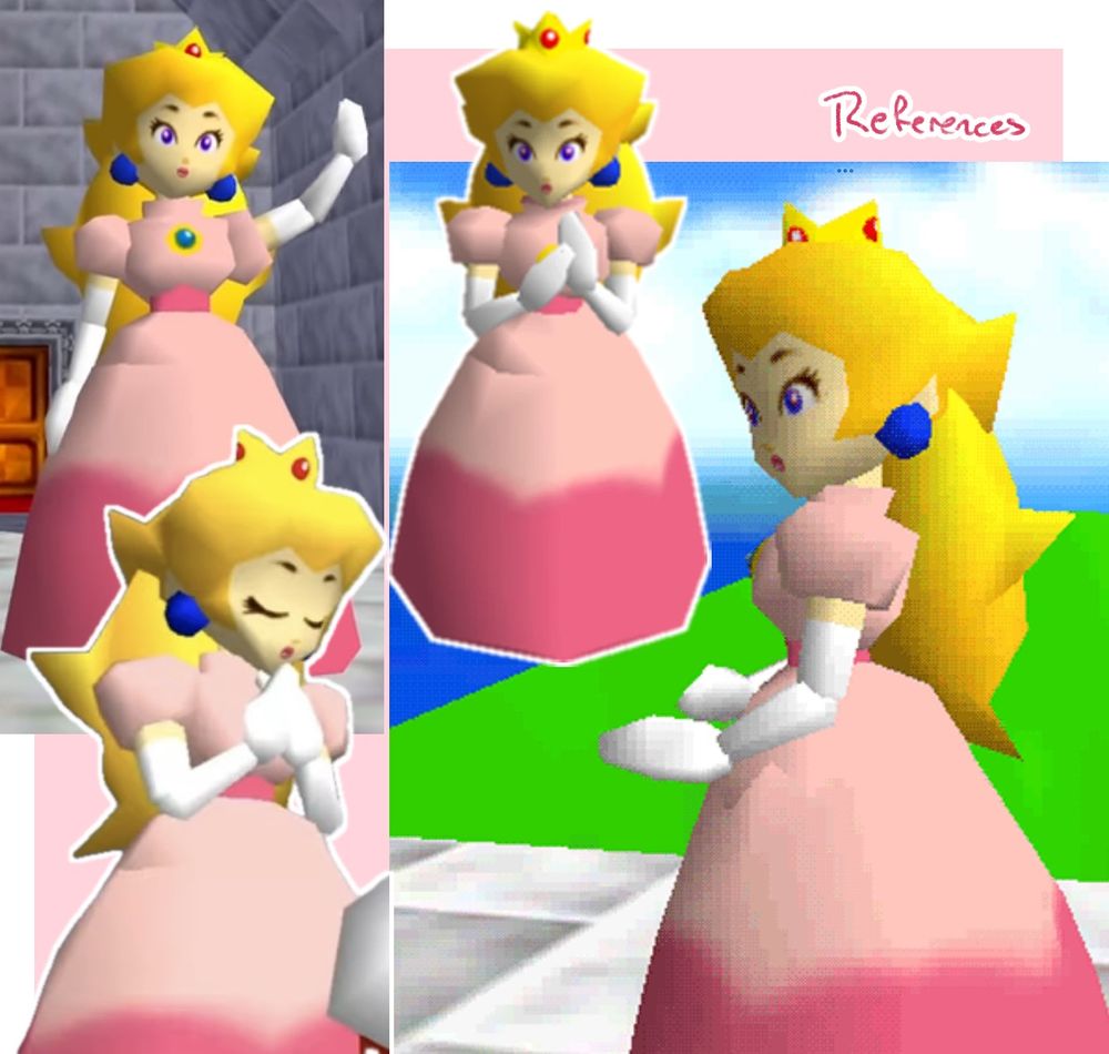 Screenshots of peach's model from the game that were used as reference